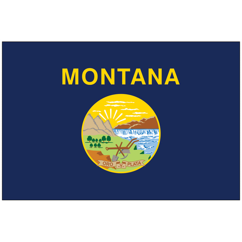 Load image into Gallery viewer, Montana state flag with the state seal centered on a dark blue background, featuring mountains, a river, and tools beneath the word “MONTANA” in gold letters.