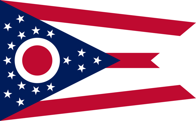 Load image into Gallery viewer, Ohio state flag with a unique swallowtail design, featuring red and white stripes, a blue triangle with white stars, and a red circle surrounded by a white “O” shape symbolizing the state’s initial.