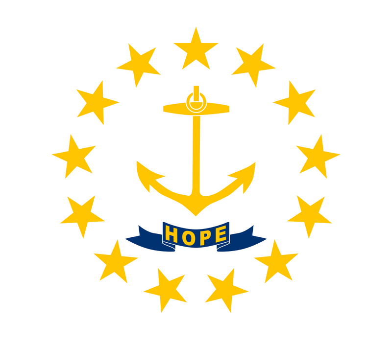 Load image into Gallery viewer, Rhode Island state flag featuring a gold anchor encircled by thirteen gold stars on a white field, with a blue ribbon below the anchor inscribed with the word “Hope.”