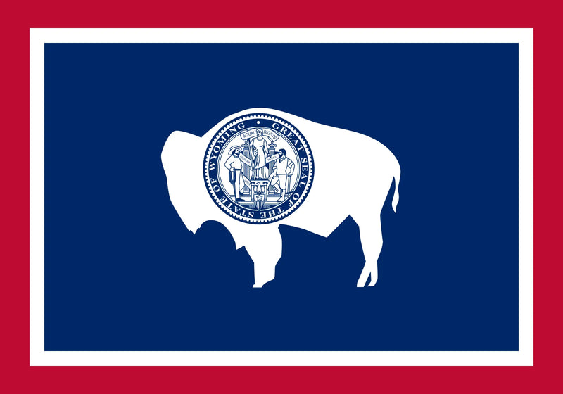 Load image into Gallery viewer, Wyoming state flag featuring a white bison silhouette on a blue field bordered in red and white, with the state seal centered on the bison, symbolizing strength, independence, and the American frontier spirit.