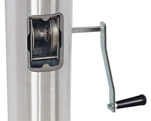 Load image into Gallery viewer, Open doored flagpole showing internal winch mechanism and winch handle on white background.