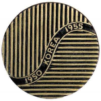 Load image into Gallery viewer, Korean War service memorial marker made of thermoplastic, featuring vertical and horizontal gold stripes and a black banner with 1950 Korea 1955 text.
