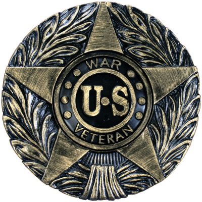 Load image into Gallery viewer, Black and gold thermoplastic memorial marker for a U.S. War Veteran, featuring a central star, laurel wreath, and textured background.