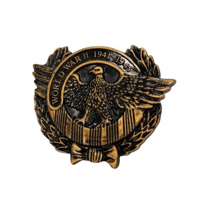 Load image into Gallery viewer, World War II 1941-1945 thermoplastic memorial marker featuring an eagle with spread wings perched over a laurel wreath and a striped background.