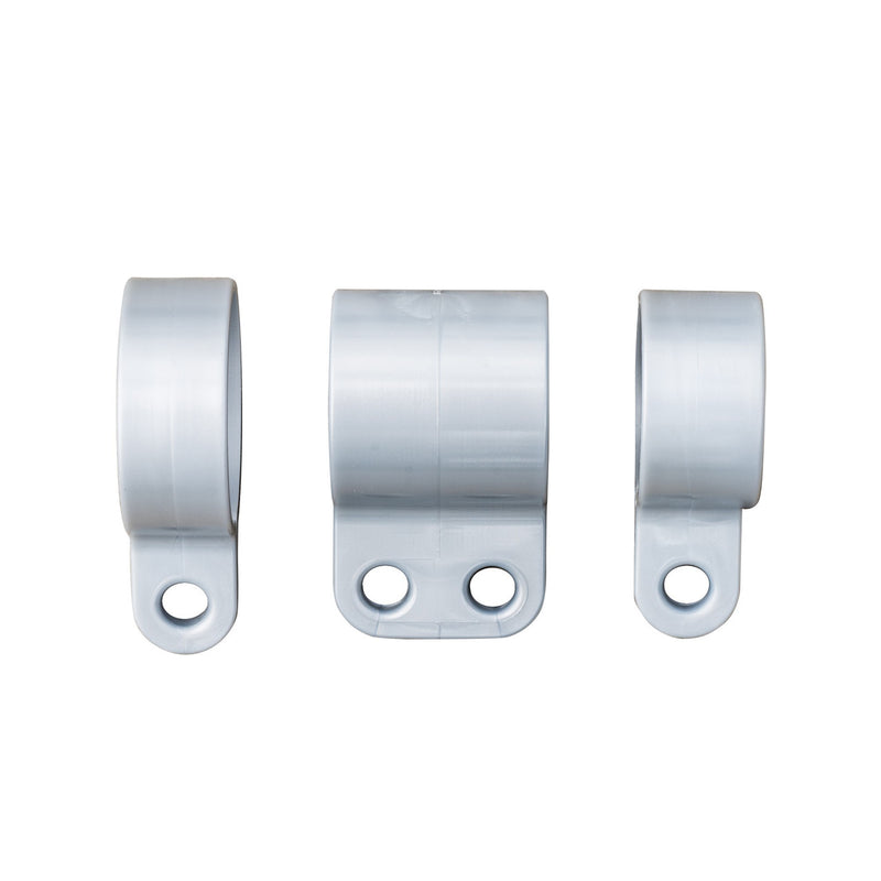 Load image into Gallery viewer, Set of three silver gray swivel rings for the Titan telescoping flagpole. The plastic clips are shown side-by-side, each featuring a lower tab with one or two holes for flag attachment.