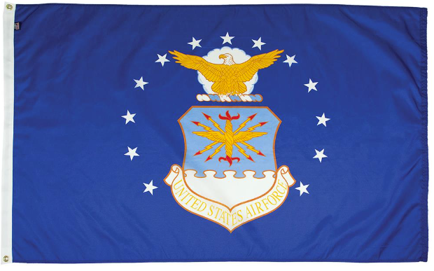 Load image into Gallery viewer, The flag features a blue field with a central crest of a golden eagle on a cloud, stars forming a circle, and the USAF emblem with a scroll reading "United States Air Force."