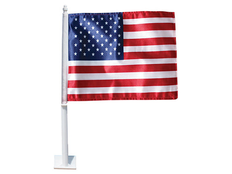 Load image into Gallery viewer, Complete U.S. Car Window Flag attached to its white plastic pole and clamp base.