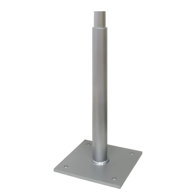 Load image into Gallery viewer, Single vertical flagpole holder mount made of silver aluminum, featuring a solid square welded base with four bolt holes for deck or wall mounting.