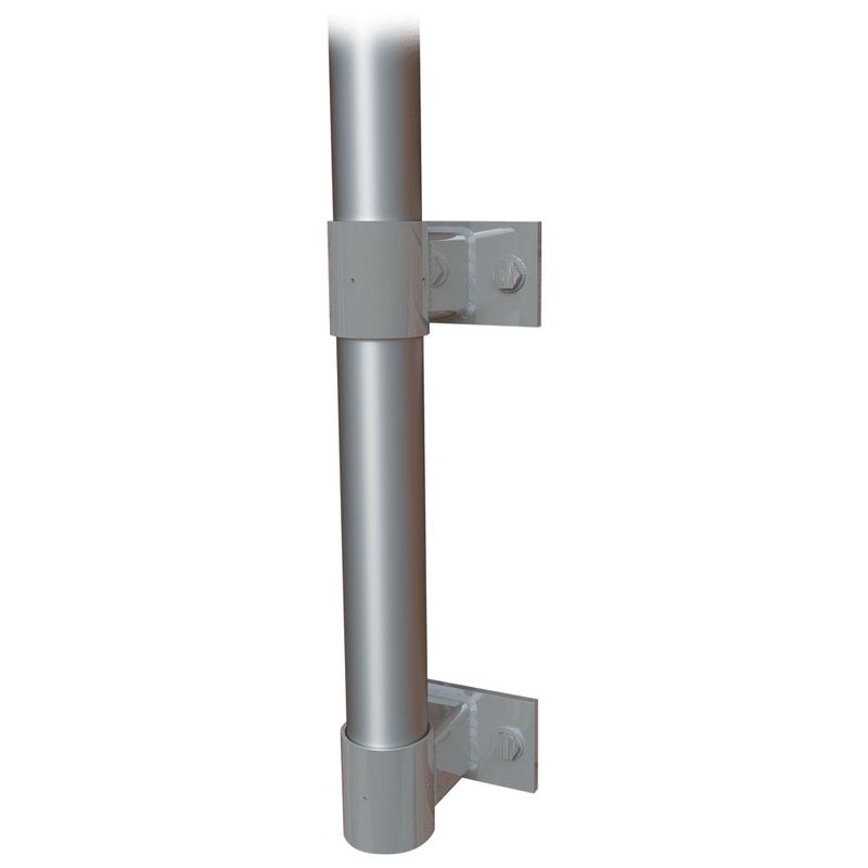 Load image into Gallery viewer, Close-up of the VW-3 style vertical wall mount bracket for the revolving tapered flagpole shaft, featuring two securing bands and bolted plates.