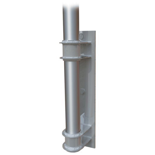 Load image into Gallery viewer, Angled view of the VW-8 style vertical wall mount bracket securing the tapered flagpole shaft, showing the three-bolt design and lower ring base.