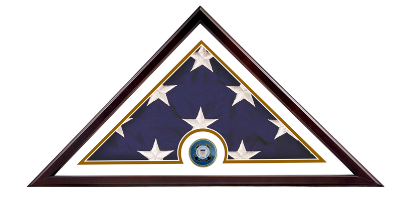 Load image into Gallery viewer, Veteran Freedom Flag Case with a dark wood frame, featuring a folded flag and the official US Coast Guard medallion centered at the bottom, framed by a gold and white border mat.