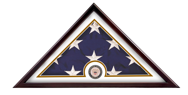 Load image into Gallery viewer, Veteran Freedom Flag Case made in the USA with a dark frame, displaying a folded flag and the official US Navy medallion centered on the bottom edge with a gold and white border mat.