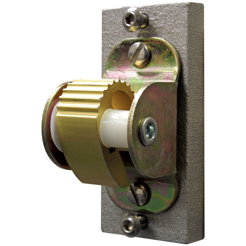 Load image into Gallery viewer, Close-up view of the mounted Flagpole Cam Action Cleat. The halyard cleat features a bronze-colored, serrated cam wheel on a white roller, set within a galvanized metal bracket, which is securely mounted to a grey, textured base plate with four visible screws.