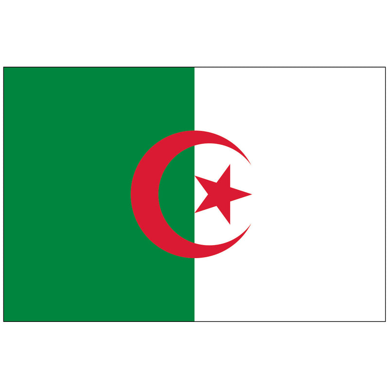 Load image into Gallery viewer, Algeria flag with vertical green and white halves and a red crescent and star centered, made of nylon fabric.