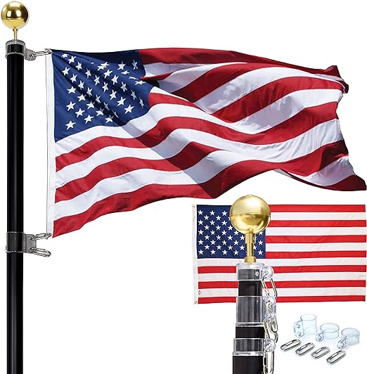 Load image into Gallery viewer, American Elite telescoping flagpole with gold ball topper, black pole, and waving U.S. flag, shown with included rings and hardware.