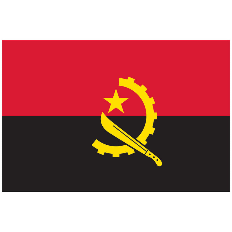 Load image into Gallery viewer, The national flag of Angola, featuring a red and black horizontal bicolor with a central yellow emblem of a cogwheel, machete, and star.