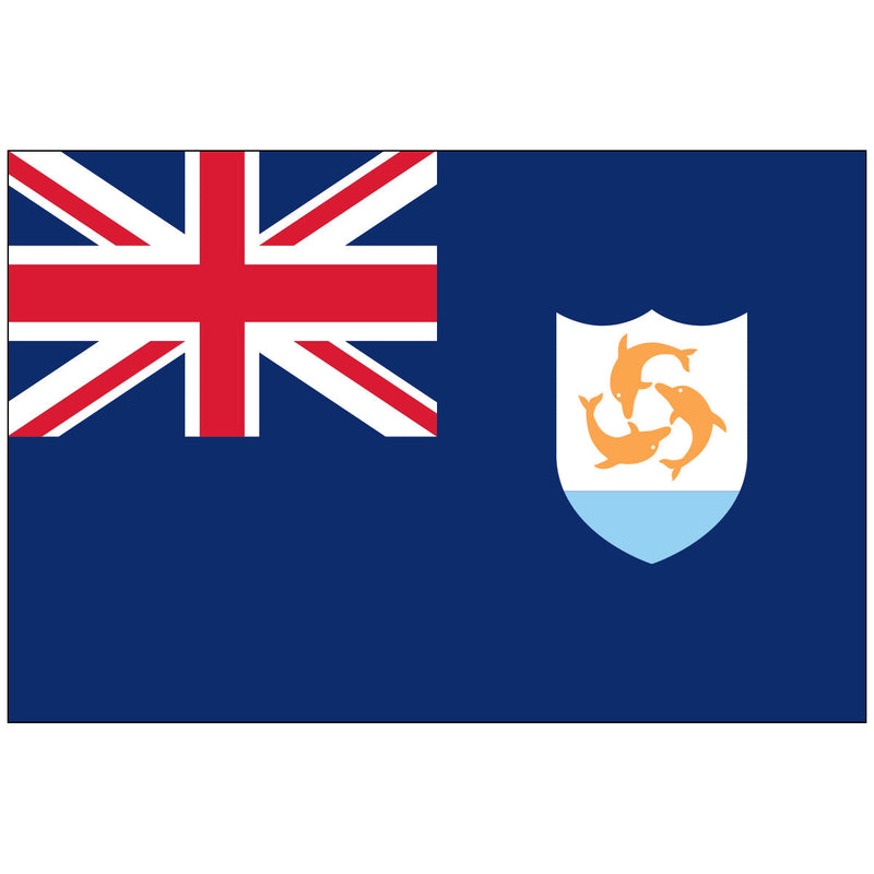 Load image into Gallery viewer, The flag of Anguilla, featuring a Blue Ensign design with the Union Jack and the Anguillan coat of arms showing three orange dolphins.