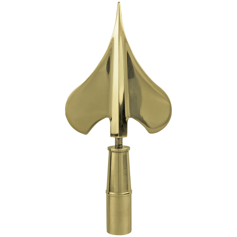 Load image into Gallery viewer, The Army Spear ornament with ferrule for indoor oak poles, shown in a polished gold finish with its threaded screw exposed.