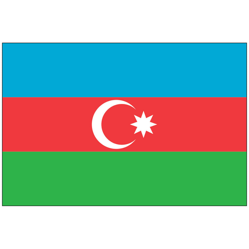 Load image into Gallery viewer, The national flag of Azerbaijan, featuring a tricolor of horizontal stripes in blue, red, and green, with a white crescent and an eight-pointed star centered on the red stripe.