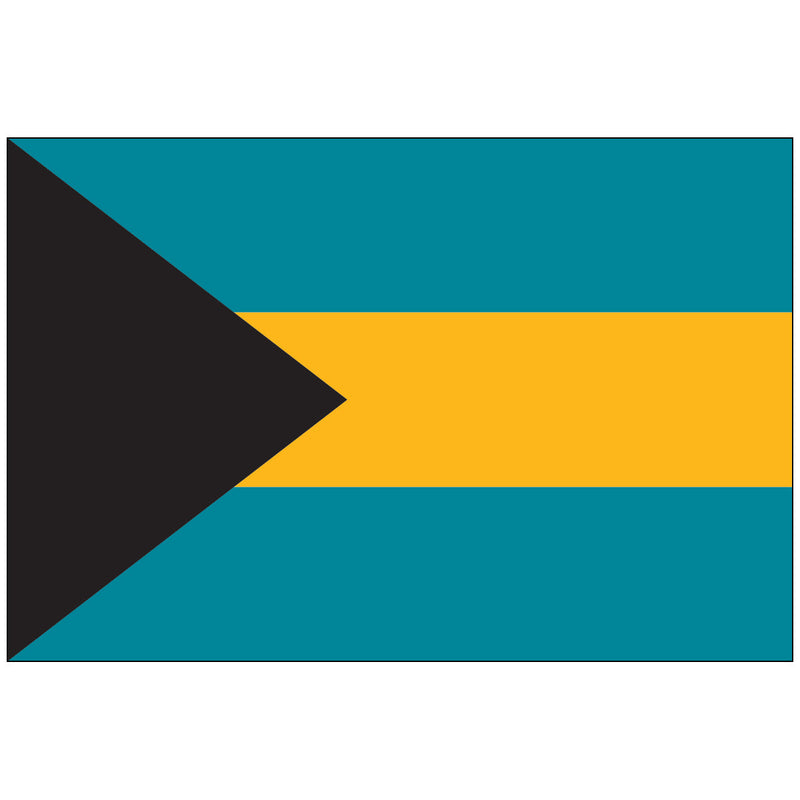 Load image into Gallery viewer, The national flag of the Bahamas, featuring a black triangle at the hoist with horizontal stripes of aquamarine, gold, and aquamarine.