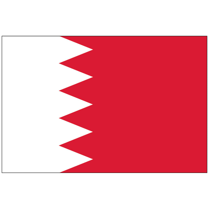 Load image into Gallery viewer, The national flag of Bahrain, featuring a white band on the hoist side separated from a larger red band by a serrated line with five white triangles.