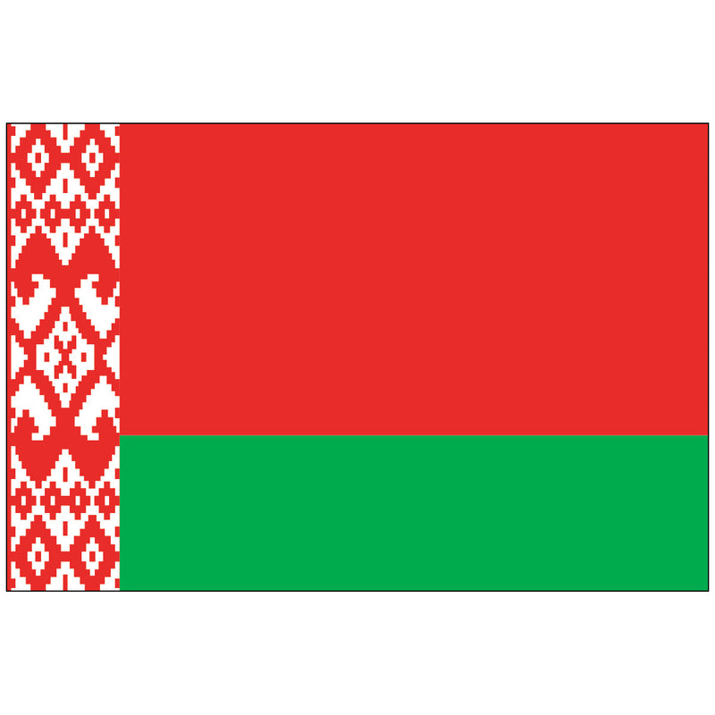 Load image into Gallery viewer, Nylon flag of Belarus with a red and green horizontal design and a traditional white-and-red ornamental pattern on the hoist side, representing national heritage and culture.
