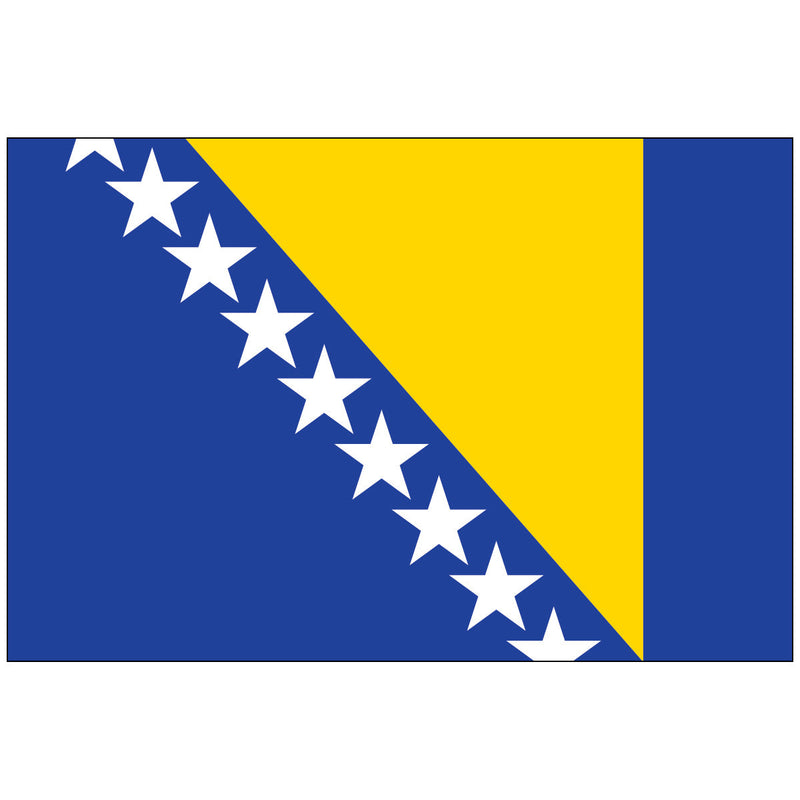 Load image into Gallery viewer, Flag of Bosnia and Herzegovina featuring a blue field with a yellow triangle symbolizing the nation’s three main ethnic groups, and a diagonal line of white stars along the triangle’s edge.