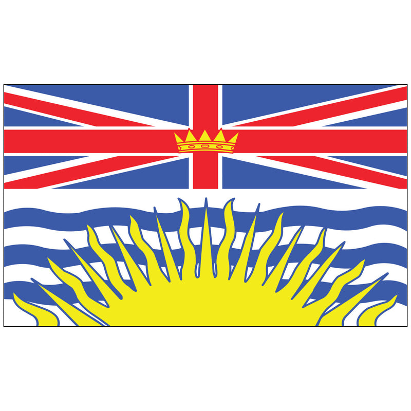 Load image into Gallery viewer, British Columbia flag featuring a rising golden sun over blue and white waves, topped by a Union Jack with a gold crown.
