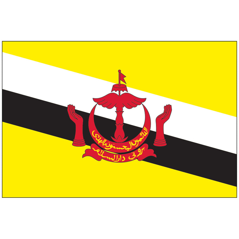 Load image into Gallery viewer, Brunei flag with yellow field, diagonal white and black stripes, and a red crest featuring hands, wings, and Arabic script.