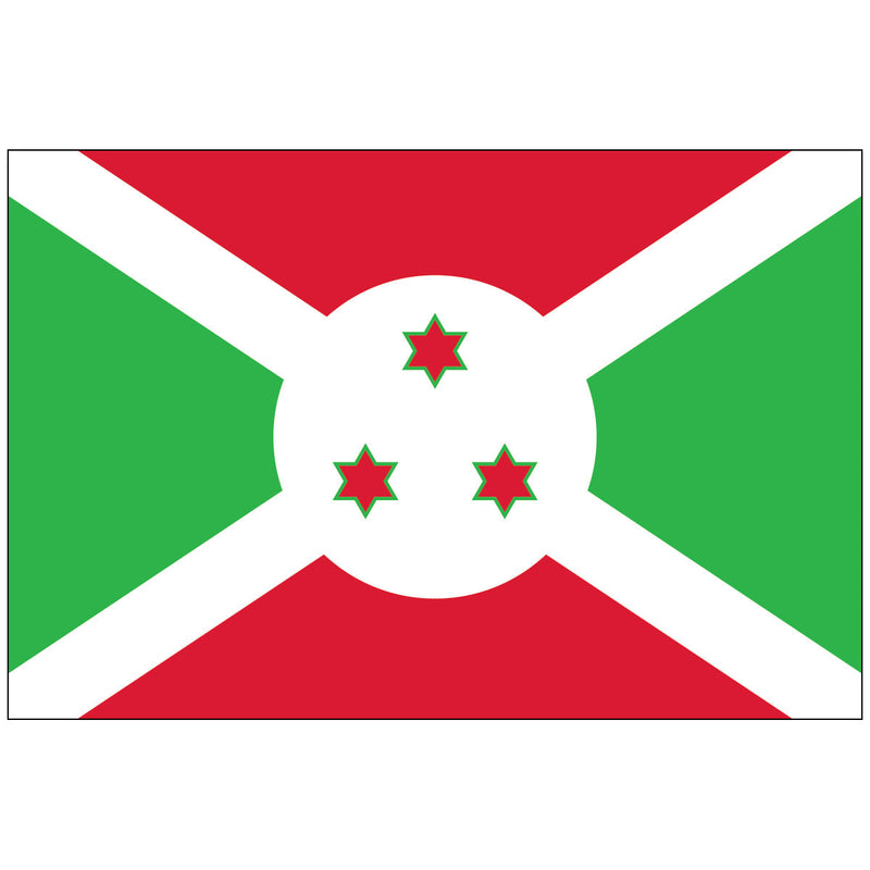 Load image into Gallery viewer, Flag of Burundi made of nylon, featuring a white saltire dividing the flag into red (top and bottom) and green (hoist and fly) panels, with a white disk in the center displaying three red-outlined green six-pointed stars.