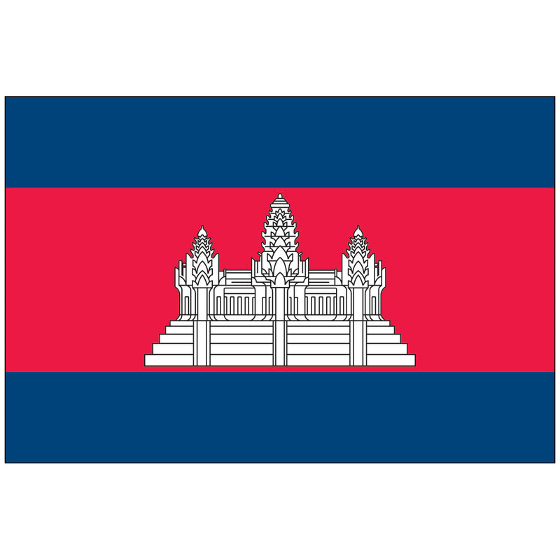 Load image into Gallery viewer, Flag of Cambodia made of nylon, featuring two blue horizontal stripes bordering a wide red central stripe with a white depiction of the Angkor Wat temple.