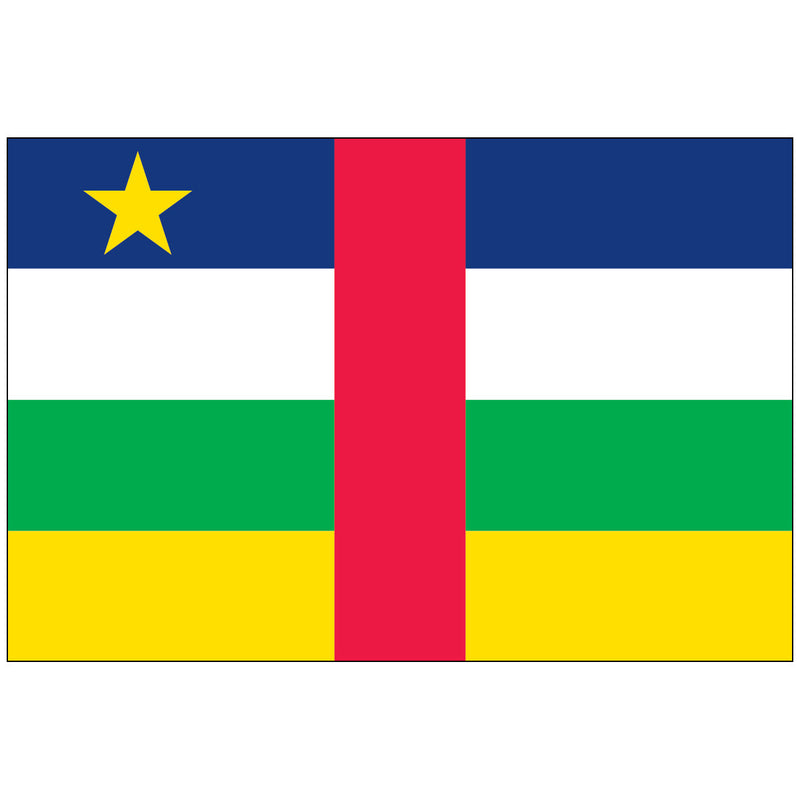 Load image into Gallery viewer, Flag of the Central African Republic made of nylon, featuring four horizontal stripes (blue, white, green, and yellow) divided by a central vertical red stripe, with a yellow five-pointed star in the upper hoist (blue) quadrant.