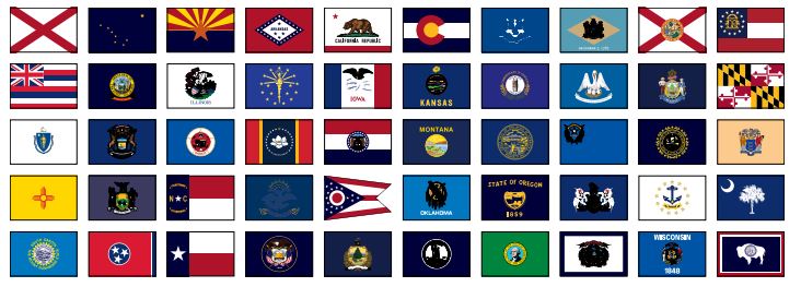 Load image into Gallery viewer, Complete set of 50 US State Flags made of nylon, shown side-by-side in a grid format, designed for indoor or parade display with a pole hem for mounting on a staff.
