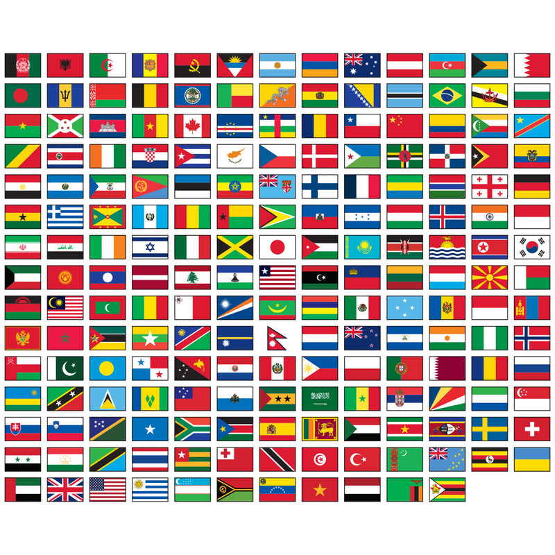 Load image into Gallery viewer, Complete set of flags for all U.N. Member Nations made of nylon, displayed in a large grid, designed for indoor/parade use with a pole hem and specified to include gold fringe.