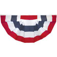 Load image into Gallery viewer, Made in USA cotton pleated patriotic bunting fan, 3'x6' size, featuring a half-round design with alternating solid red, white, and blue stripes (no stars).