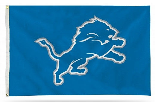 Load image into Gallery viewer, Deluxe 3x5 Detroit Lions NFL Sport Flag on a blue field, featuring the team's iconic leaping silver and white lion logo in the center.