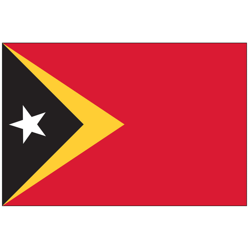Load image into Gallery viewer, High-quality East Timor Nylon World Flag featuring a bright red field with black and yellow triangles layered on the hoist side. A white five-pointed star is centered within the black triangle.