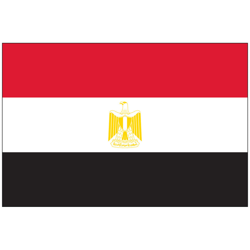 Load image into Gallery viewer, The Egypt Nylon World Flag, displaying three equal horizontal stripes of red (top), white (middle), and black (bottom). The center white stripe features the national emblem, the golden Eagle of Saladin, facing the hoist side.