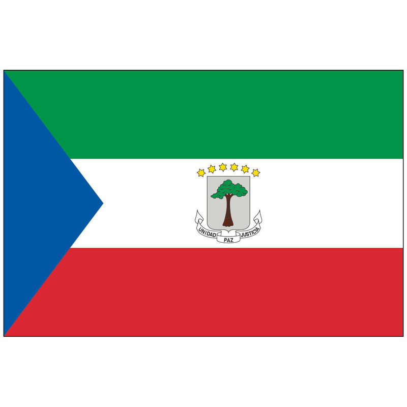 Load image into Gallery viewer, The Equatorial Guinea Nylon World Flag, featuring equal horizontal stripes of green, white, and red. A blue triangle is positioned at the hoist, and the national coat of arms—displaying a silk-cotton tree and six yellow stars—is centered on the white stripe.