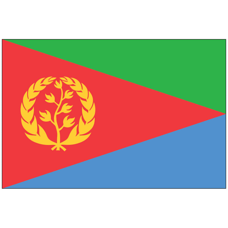 Load image into Gallery viewer, The Eritrea World Flag features a large red triangle extending from the hoist, flanked by a green horizontal stripe on top and a light blue stripe on the bottom. Centered on the red triangle is a yellow emblem of an olive branch surrounded by a wreath.