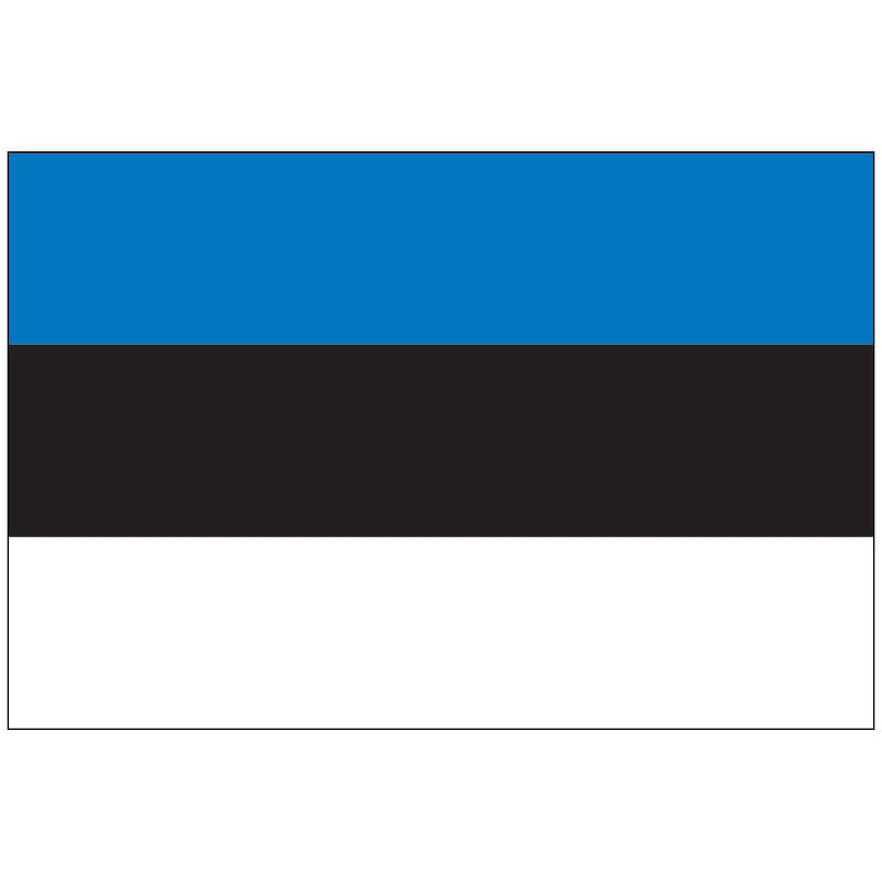 Load image into Gallery viewer, The Estonia World Flag displaying three equal-sized horizontal stripes in the colors of blue (top), black (middle), and white (bottom), representing the nation's sky, soil, and snow/aspirations, respectively.