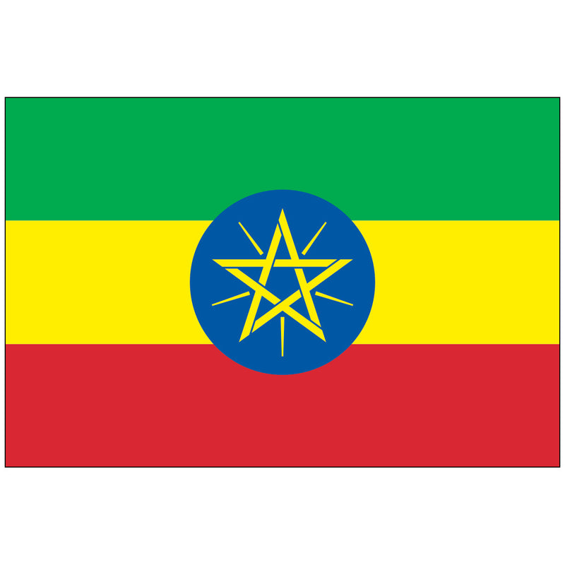 Load image into Gallery viewer, The Ethiopia World Flag featuring three equal horizontal stripes of green (top), yellow (middle), and red (bottom). Centered on the flag is the national emblem: a bright yellow, radiant pentagram on a blue circle.
