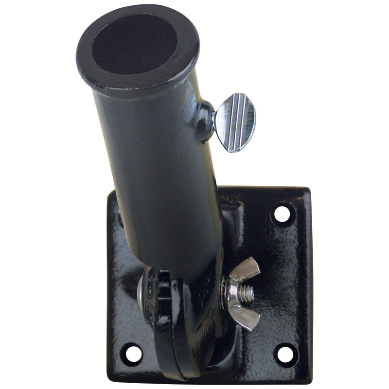 Load image into Gallery viewer, Single Aluminum Adjustable Flagpole Bracket in a matte black powder-coated finish. The wall-mount hardware includes a metal butterfly nut for setting the pole angle and a bright silver thumbscrew for securing the flagpole.