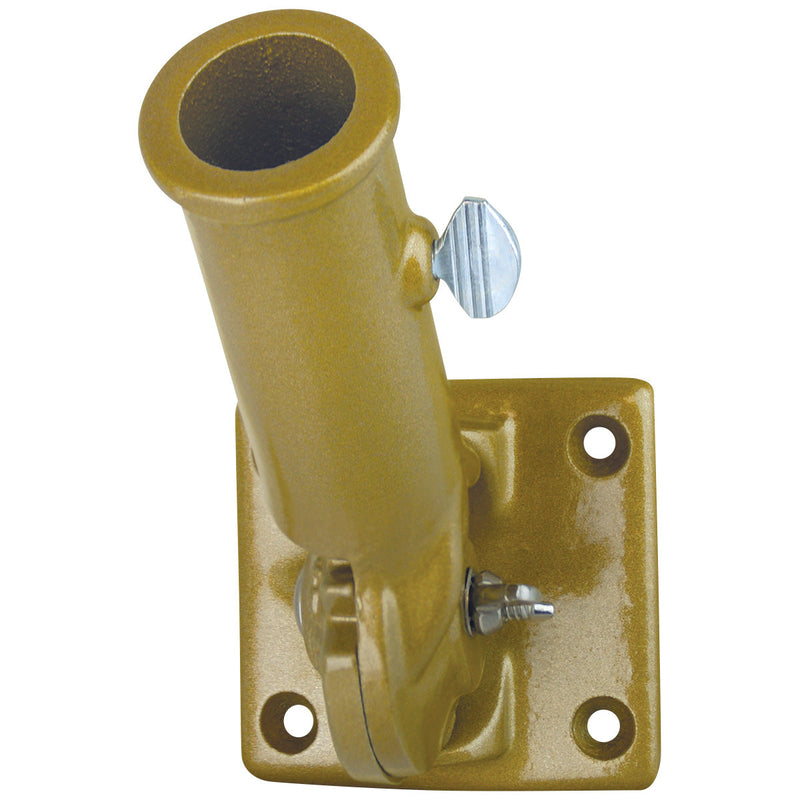 Load image into Gallery viewer, Single Aluminum Adjustable Flagpole Bracket in a metallic gold finish. The mount features a tilting pole socket secured by a butterfly nut, a large square mounting plate, and a silver thumbscrew to hold the flagstaff.