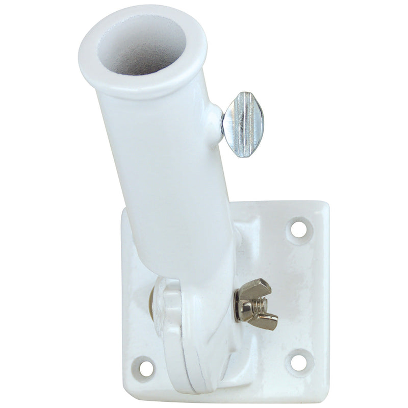 Load image into Gallery viewer, Single Aluminum Adjustable Flagpole Bracket in a glossy white finish. The durable mounting bracket can be adjusted for various angles and features bright silver adjustment and locking hardware.
