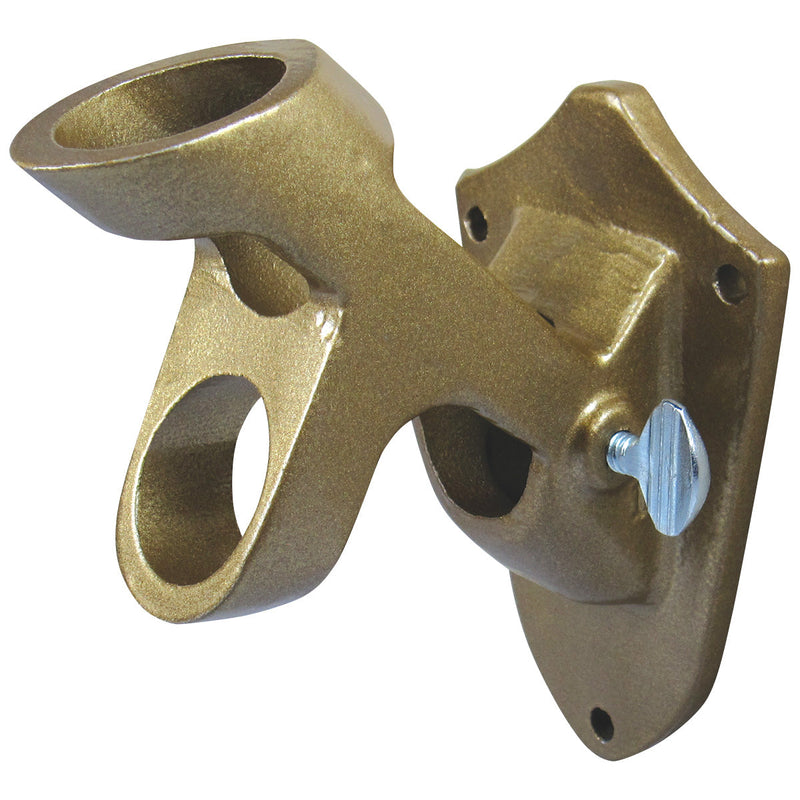 Load image into Gallery viewer, Gold-finished Flagpole Aluminum Multi Purpose Bracket with a decorative wall plate and two distinct receiving tubes. This dual-position bracket uses a single silver thumbscrew to lock the flagstaff into the lower, less-steeply angled position.