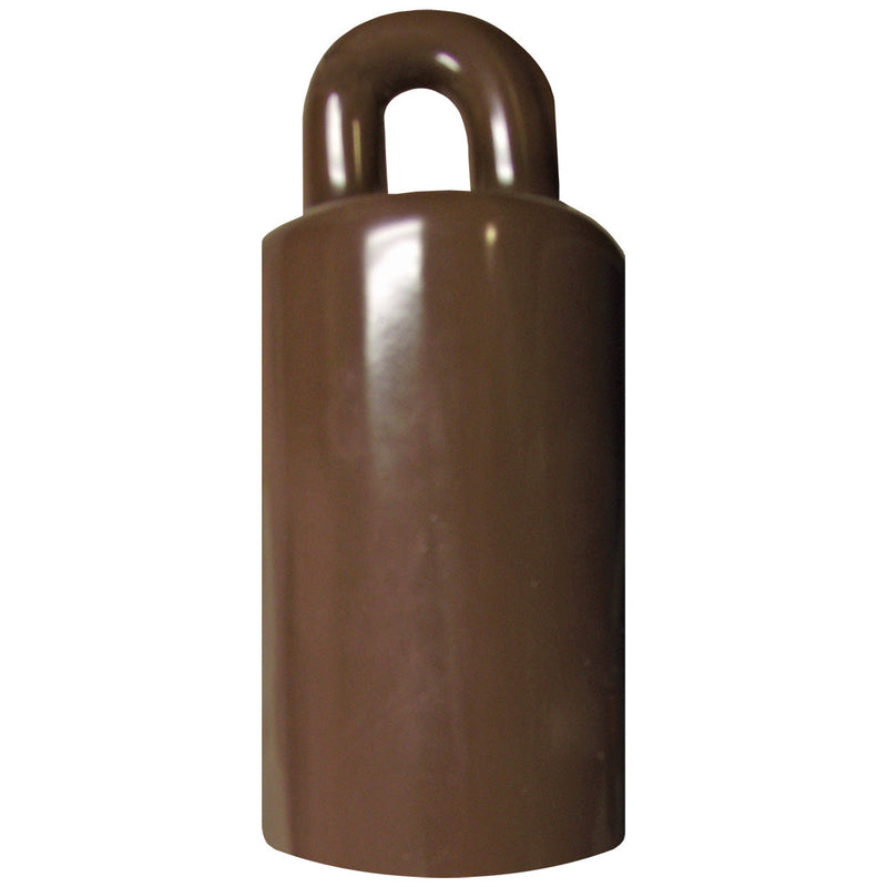 Load image into Gallery viewer, Dark brown or bronze-colored Flagpole Counterweight with a polished, slightly reflective finish. This weighted hardware includes a thick, molded ring at the top for connection to snaphooks and is used to stabilize flags.