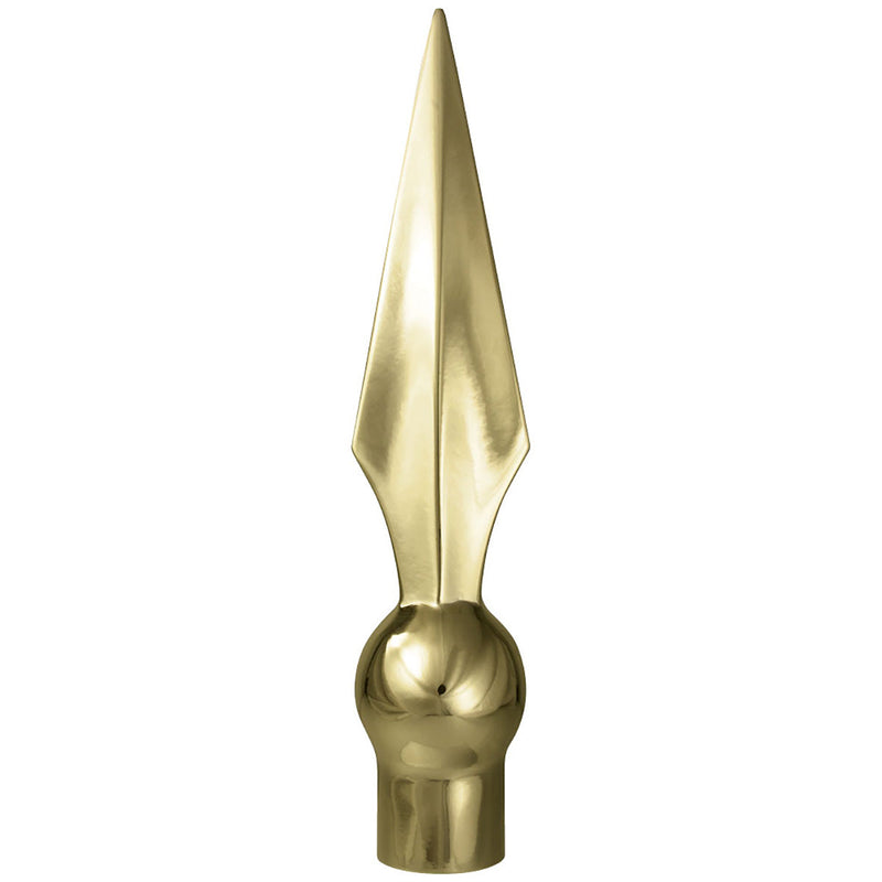 Load image into Gallery viewer, Polished brass or gold-finished Flat Spear Finial with Ferrule, designed for ceremonial indoor oak flagpoles. The ornament features a pointed spearhead shape above a smooth, integrated ferrule base for mounting.