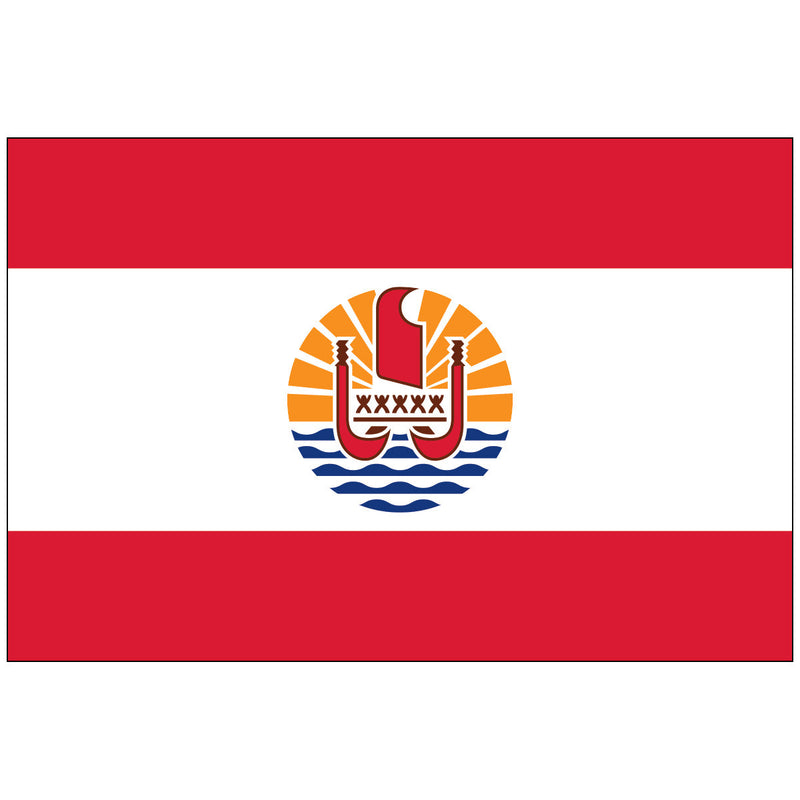 Load image into Gallery viewer, Vibrant red-white-red nylon flag of French Polynesia, showcasing the central national emblem: an orange sun, blue ocean waves, and a red Polynesian outrigger canoe with five stylized figures, representing the five archipelagos.