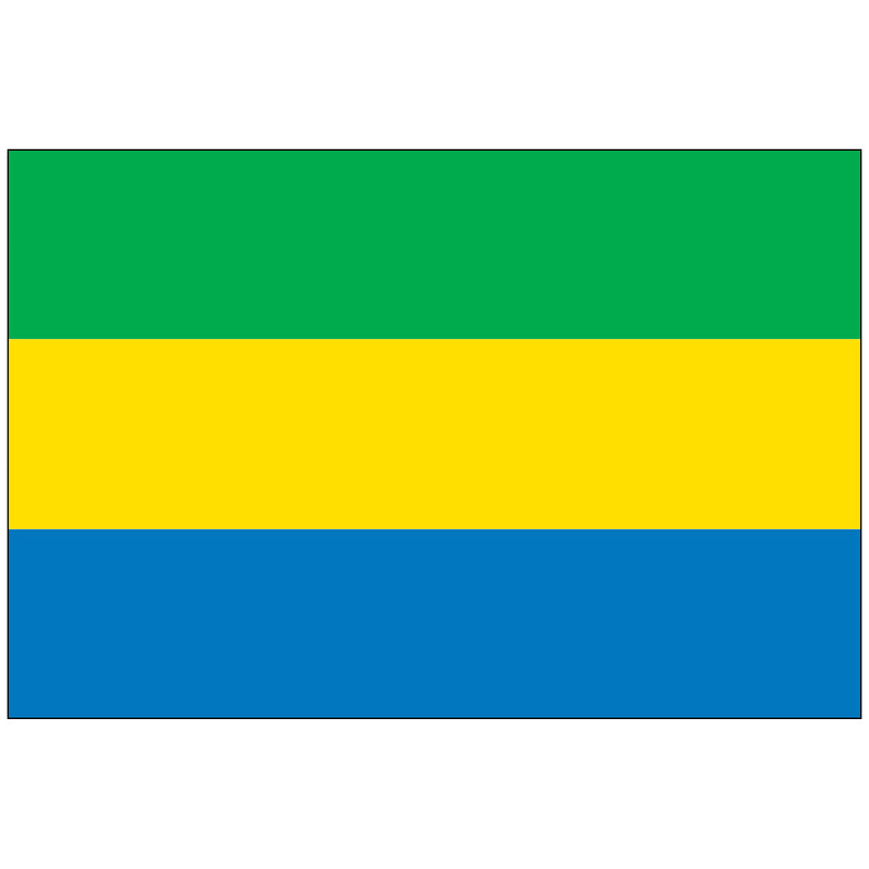Load image into Gallery viewer, Official Nylon flag of Gabon featuring three equal horizontal stripes: green (top, representing the forests), golden yellow (middle, symbolizing the sun and the Equator), and royal blue (bottom, for the Atlantic Ocean).